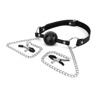 Bedroom Fantasies - Ball Gag met Tepelklemmen - Zwart