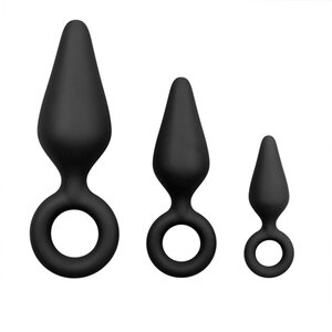 Zwarte buttplugs met trekring - setje